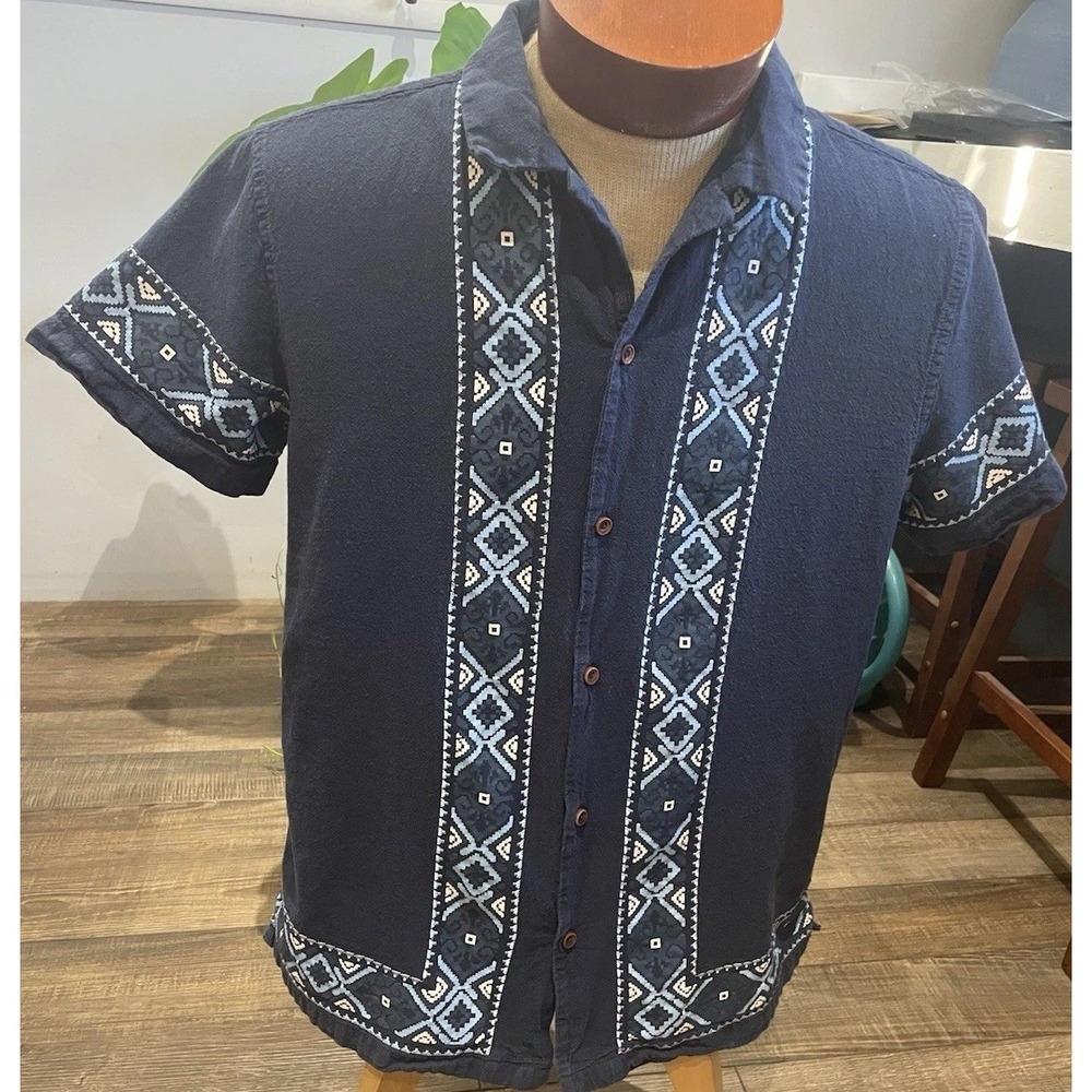 Aeropostale Cotton Hemp Blnd Navy Blue Geometric Border Print Camp Beach Shirt L